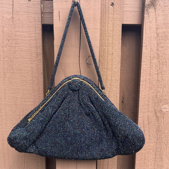 Saks 5th Avenue Exclusive Stunning Vintage Navy Beaded Purse Made In Belgium
